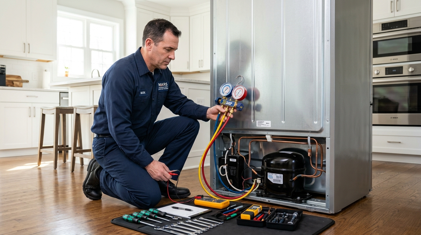 Technician testing refrigerator compressor with manifold gauge