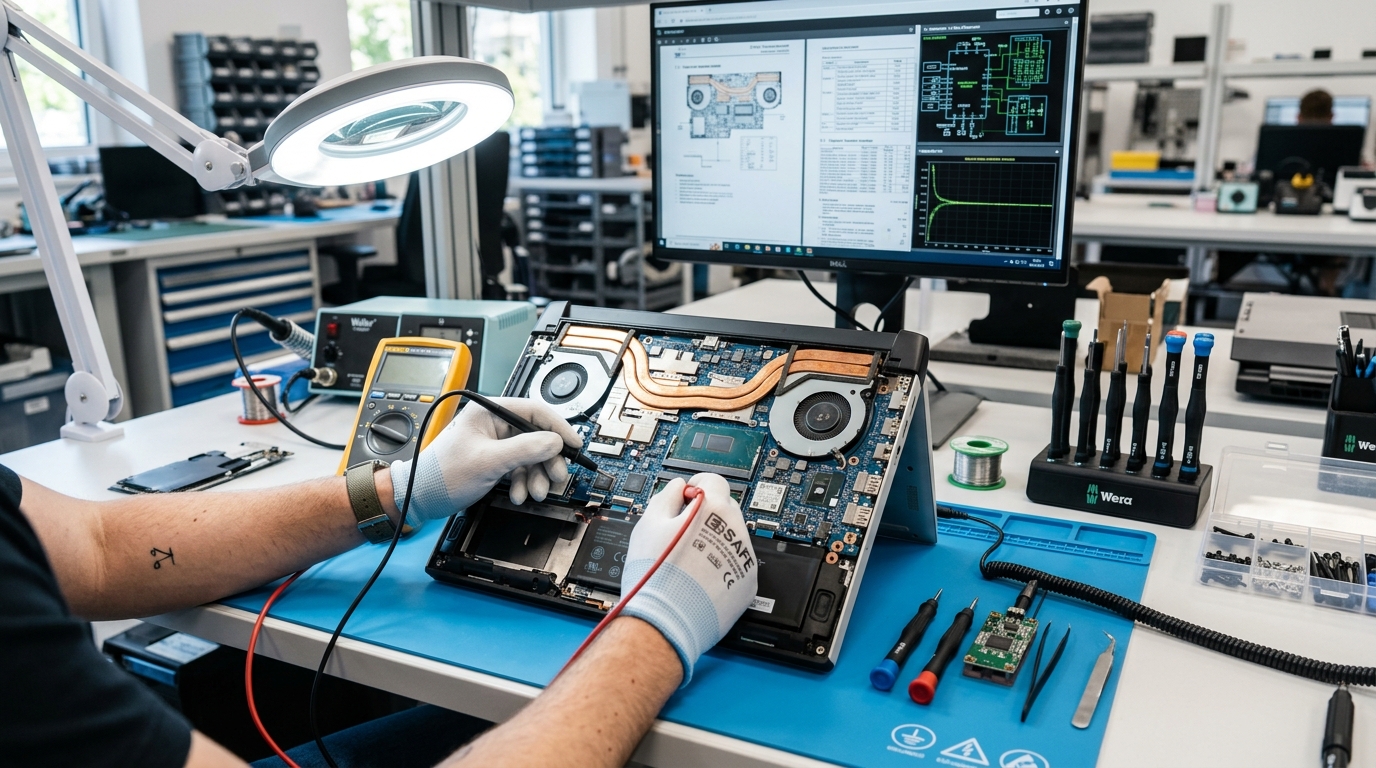 Electronics technician repairing laptop motherboard with multimeter probe