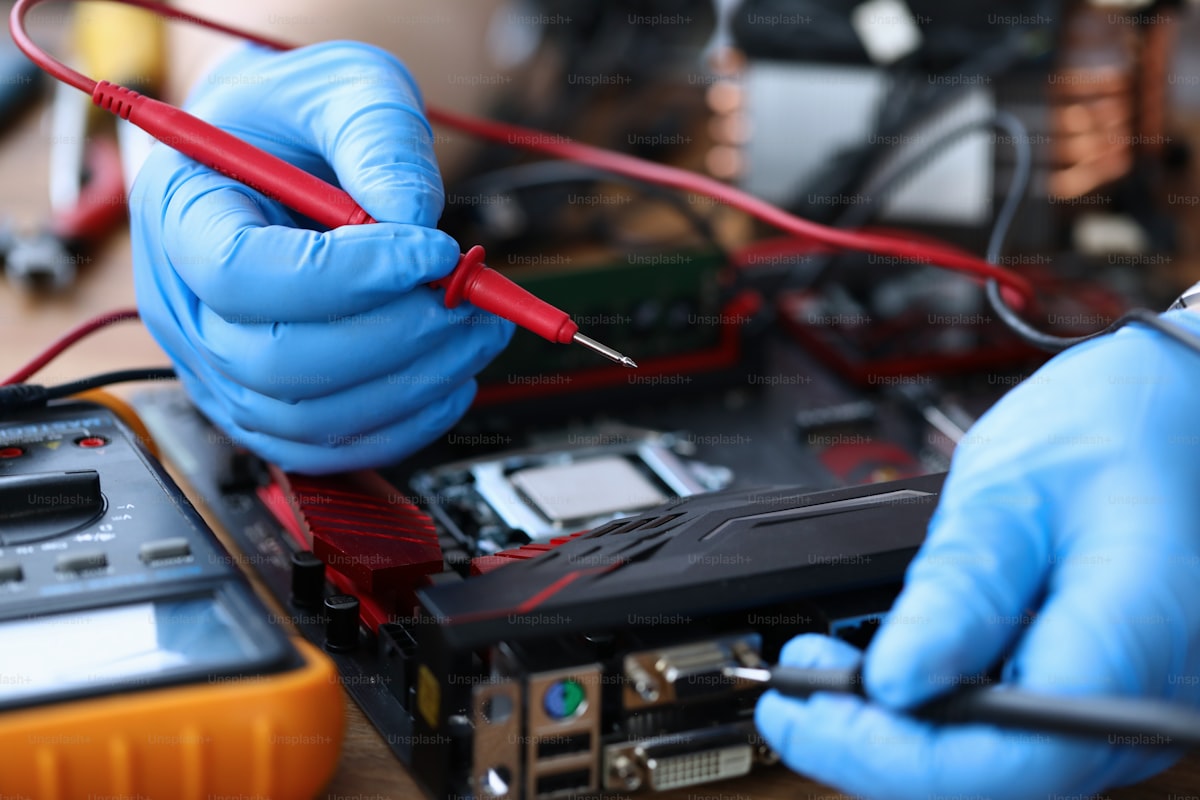 Electronics technician testing Smart TV circuit board